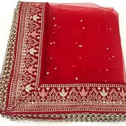 navti creations Wedding Bridal Women's Net Dupatta With Temple Design Embroidery Border (Full Stone work, Length -2.25m, Border Width -6cm, 4side moti lace)-picture-45