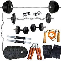 BODY MAXX Fitness 30Kg Home Gym Combo with 5Ft Straight Barbell Bar+3Ft. Ez Curl Bar+14 Dumbbell Rods+Wooden Handgrip Pair+Adjustable Skipping Rope+Gym Gloves"-4