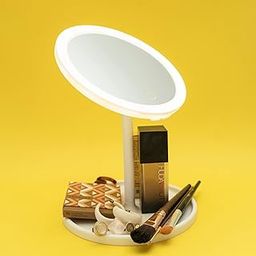 STELLIFEROUS Plastic Round Tabletop Vanity Mirror With Customizable 3-Color LED Lighting & Storage Tray |Rechargable With USB Micro-B Connector|Portable & Foldable Makeup Mirror With Light (White)-24