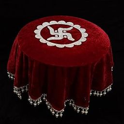 The Bride Made Round Velvet Thaalposh thaal Cover with moti Work for Diwali, Navratri, karwa chauth Shagun Wedding Pooja Karvachothand Various Puja Rituals 22 inches Maroon Colour-20
