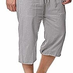 Men's Long Linen Shorts Below Knee Pocketed 3/4 Summer Drawstring Capri Pant, Grey, XX-Large-15