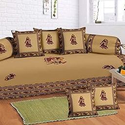 Heart Home Dancing Women Design Cotton Diwan Set with 8 Pieces (Cream)-image-64