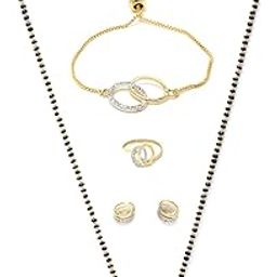 zeneme Jewellery Gold Plated Combo All In One Mangalsutra Tanmaniya Nallapusalu Necklace Pendant Black Bead Golden Chain Bracelet Ring Earrings For Women and Girls-picture-7