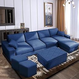 CASASTYLE Adonoy 8 Seater RHS L Shape Fabric Sofa Set with Ottoman & 2 Puffy (Blue)-image-18