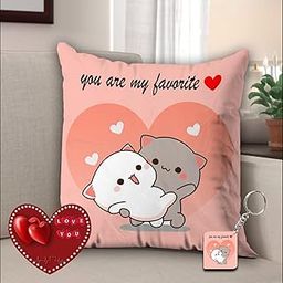 AWANI TRENDS Satin Peach And Goma Mochi Cat 200 TC Pillow Cushion, Gifts For Girlfriend, Wife,Husband,Boyfriend, Pillow For Couple | Peach Goma 12X12 Pillow, Keychain And Card-image-60