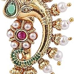 Women Gold Plated Stone & Pearl Elephant Design Nath-image-24