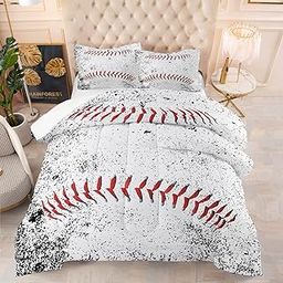 NINENINE Baseball Comforter Bedding Set Queen for Boys Teens, Baseball Pattern with Black Half-Dotted Printed Bedding Set, White Comforter Set, Soft Microfiber Quilt Set with Matching Pillowcase#5009-39