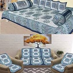 SkyKross - Everyday A New Thing Barmeri Special Hathi Pure Cotton ROOMSET |Diwan & Sofa Cover Set Combo| Single Bedsheet, 2 Bolster Covers, 5 CushionCovers and Five Seater Sofa Cover Set (DARKBLUE)-image-29