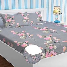 HOMEKART Premium Cotton Elastic Fitted Bedsheets with 2 King Size Pillow Covers Double Bed with All Around Elastic Supersoft Size - 72 x 78 +10 inches Flower Print Pink and Grey 200 tc - 220 tc-picture-17