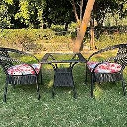 Prime Aura 2+1 Outdoor Patio Furniture Set, Black Wicker Chairs with Floral Printed Cushions, Glass Top Table, Garden Bistro Set UV PROCTED Wicker Patio Chair (Black)-57