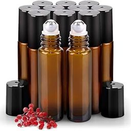 HOMEOTRADE 12 PCS Essential Oil Roller Bottles Stainless Steel, 10ml Amber Glass Roller Bottles with Caps for Travel, Perfume and Lip Gloss (12)-5