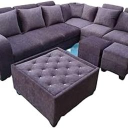 PURPLE SHADES Luxury L-Shaped Sofa Set with Tufted Center Table & Cushioned Stools – Dark Grey Velvet Pack of 1-image-32