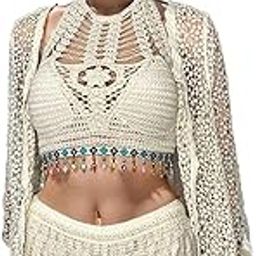 Women's Leisure Boho Crochet Crop Halter Neck Top Backless Lace-up Low Rise Shorts Light Jacket Shorts Cardigan Suit Beachwear Bikini Set Three-Peice Swimsuit Co-ord Set-picture-56