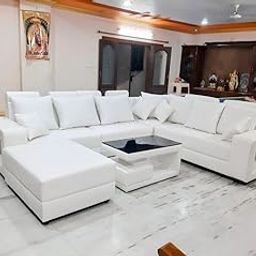U-Shape White Sofa with arm Rest Head Rest and Center Table Luxury Living Room Furniture Set with Chaise Lounge Chair and Ottoman, White-image-23