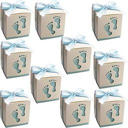 RasuImpex Pack of 10pcs 2.4" Mini Baby Shower Candy Favor Box (6x6x6) cm Gift Boxes Party Favor Boxes Paper Treat Boxes with Craft Ribbon and Cute Footprints for Baby Shower Party (Blue) #RasuDecor-image-97
