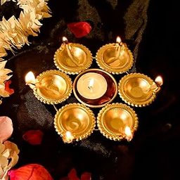 Ascension Diya Shape Flower Decorative Urli Bowl for Home Diwali Decor with 6 Attached Oil Diyas for Floating Flowers and Tealight Candles Home Table Diwali Decoration Items for Pooja Room (7 inch)-6