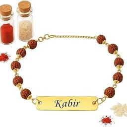 Mahajan Creation Personalized Rudraksha Rakhi Bracelet with Name – Gold-Plated Traditional Rakhi with Roli Chawal-image-3