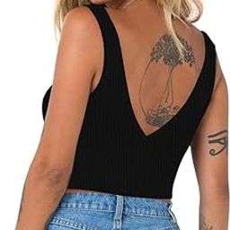 Women's Solid Backless Ribbed Knit V Neck | Slim Fit Sleeveless Strappy Workout Cami Tank Crop Tank Top Blouse for Girls L967 7804-picture-11