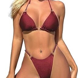 Women's Triangle Bikini Set with Ring Details, Turquoise Blue, Two-Piece Swimsuit-picture-31