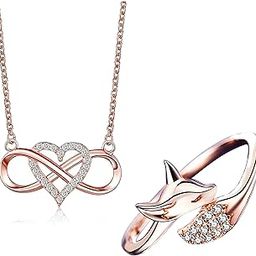 Heart Infinity Pendant For Women Girls Rose Gold Plated Pendant Necklace With Fox Design Finger Adjustable Ring Gift for Sister-image-57