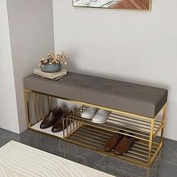 Dence Store Velvet Bedroom Bench, Upholstered End of Bed with Metal Frame, Modern Tufted Channel Entryway Bench with Padded Seat for Living Room, Bedroom-Grey-image-71