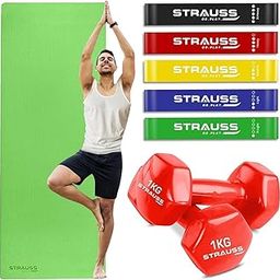 STRAUSS Yoga Combo Kit (1 Yoga Mat, 5 Resistance bands, 2 Dumbbells) | Green EVA Yoga Mat (6mm), 5 Multicolor Latex Resistance bands, 2 Red Dumbbells(1kg each) | Ideal for Yoga & Training-image-94