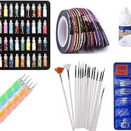D.B.Z. 48 Pcs Glass Bottles Sparkling Powder Dust Multicolor Glitter Stones, 100 Transparent Nails,5 Nail Tapes, 15 Nail Art brush, 5 Two way Nail Dotting Pen with 2 Glue (Nail Art Kit)-8