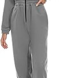 Women One Piece Fleece Tracksuit with Hood Romper, Light grey, L-image-29