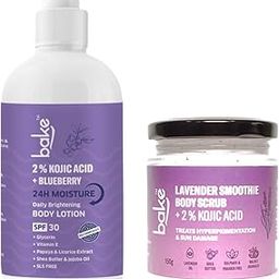 BAKE 2% Kojic Acid Body Scrub and Lotion Body Polishing Kit Combo for Tan Removal & Skin Brightening | Sun Protection SPF 30 PA+++ & Pigmentation Solution De Tan Combo | All Skin Types | For Men & Women-image-16