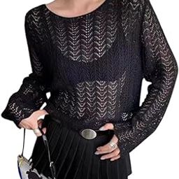 Crochet Knit Long Sleeve Sweater, Open Weave Pattern, Casual Round Neck-image-93