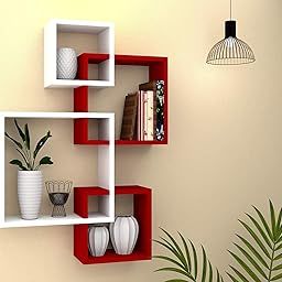 AG SHOPEE Set of 4 Square Wall Shelves – Modern Floating Wooden Display Racks for Living Room, Bedroom, Office – Stylish Home Décor & Storage, Sturdy Hanging Shelves – 31D x 31W x 44H cm (White red)-15
