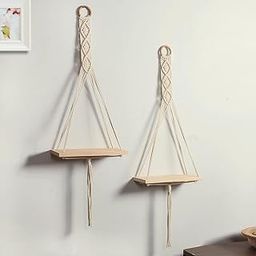 Macrame Wall Hanging Shelf, Handwoven Cotton Rope, Wooden Display Shelves, Set of 2, Beige-11