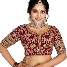 Round Neck Elbow Length Sleeve Readymade Designer Velvet Saree Blouse with Gold Embroidery and Jari Work-image-41
