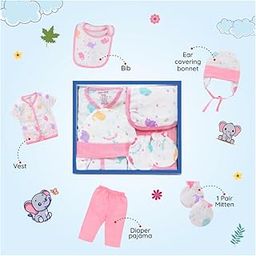 pom-pom SWEET HEARTS Newborn Baby Clothing Gift Set – Soft 100% Muslin Cotton | Gift Box Pack of 5 - Half Sleeves Shirt, Pajama/Pant, 1 Bib, 1 Pair Mittens & 1 Cap | Light Pink (New Born)-image-84