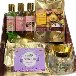 Ayurvedic Gift Set Products | Alovera Gel 125GM | Sugandhi Utane 50GM | Abhyang Oil 50ML | Lavender bath Salt 50GM | Herbal Shampoo 50ML | Jaswand Hair Oil 50ML | Skin, Hair & Body Care Pack , Oil, & Utane-44