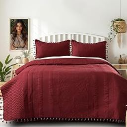 Nanki's King Size Quilted Bedcover || Bedding Set with Tassels, Embossed Patter (Size 100x108 Inchs) with Matching Pillow Covers (Size 46x68 Cms) (Maroon)-image-96
