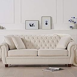 ES ESPINHO ESPN0024 Solid Sal Wood Fabric Upholstered Button Tufted Chesterfield 3 Seater Sofa Set for Living Room, Off White Color-image-14
