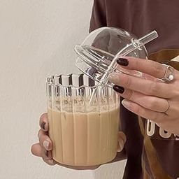 WEZOSHINET Cute Drinking with Dome Lid and Straw, Reusable Wide Mouth Smoothie Cups 15oz Coffee Iced Cup Tumbler Glass Bubble Tea Cup for Coke Soda Home Office Bar (White), 400 ml-image-4