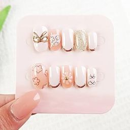 Secret Lives Glossy Reusable Artificial Skin & White Color with Bow Flower & Golden Stud Art Work Press on Nails 24 pieces Set with Kit-22