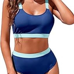 Womens High Waisted Bikini Sets Sporty Crop Top Color Block Swimwear Bandeau Scoop Neck Vintage Two Piece Bathing Suits, Sky Blue, Large-image-64