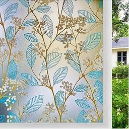 CREON Frosted Glass Static Cling with No-Adhesive Tile Shape Window Cover, Frosted Stickers for Home Office Glass Sticker Decoration (Blue Leaf, 16X150 in)-image-34