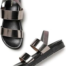Women's Double Strap Textured Flatform Heel Sandals with Strechable Backstrap-10