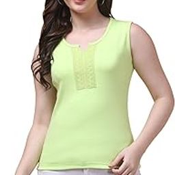 Women's Lime Green Sleeveless Cotton T-Shirt with Lace Placket Detail-picture-5