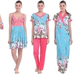 FNK Style Floral Printed Sexy Night Gown Set with Nighty Maxi Top Lower Babydoll with Robe for Women Sleep Wear Night & Honeymoon Light Blue-image-14