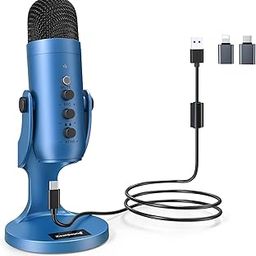 USB Microphone,Condenser Gaming Mic for PC/Laptop/Phone/PS4/5/Computer,Lightning & Type C Adapter Include,Microphone Gain Knob,LED Mute,Monitor,for Streaming, Podcast, Studio Recording-Blue-2