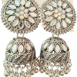 Vintage Oxidized Silver Jhumka Earrings with Opal Stones, Floral Design, Leaf Pattern Dome-image-2