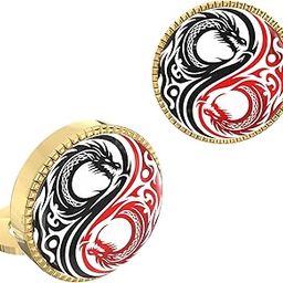 18K Yellow Gold Colour Plated Twin Dragon Button Cover Cufflinks for Men – Yin-Yang Snap-on Shirt Accessory – Bold Symbolic Gift for Power, Balance & Identity-image-27