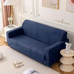 House of Quirk Universal Jacquard Waterproof Thickened Fabric Sofa Cover Soft Touching Cover for Couch Flexible Stretch Sofa Slipcover (Three Seater, Navy)-image-0