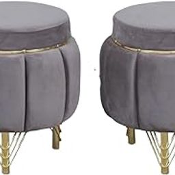 Interiors Spot Ottoman Pouffes Sitting Mudda Puffy Wooden Leg Stool for Living Room Dressing Table Pouf Round Footstool for Home & Office Decor, Holland Velvet, 16x16x18 in, (Metal Grey) Pack of 2-image-28