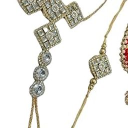 Traditional Bhaiya Bhabhi Rakhi Set with Crystal Stones, Diamond-Shaped Design, Gold-Toned Thread-image-2